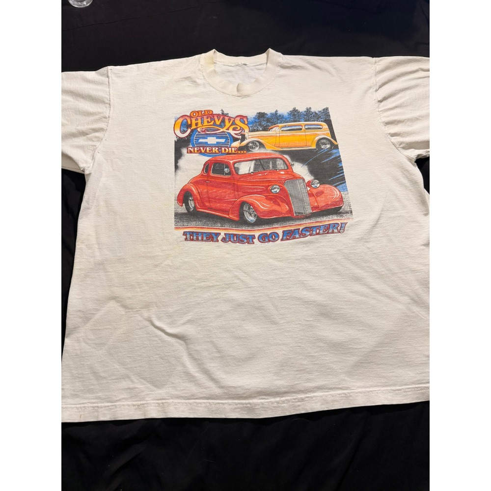 Vintage Old Chevys Never Die Graphic T-Shirt Mens White Hot Rod Car Tee L